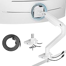 ARES WING Ultrawide Monitor Arms White with USB A/C, Heavy Duty Monitor Arm for 17 to 49 inch Screen, Holds 44 lbs, Adjustable Gas Spring Desk Mount with Clamp and Grommet Base