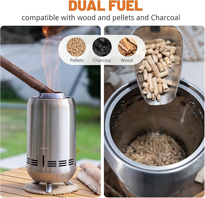 EchoSmile 12 x 7 inch Smokeless Tabletop Fire Pit with Stand, Stainless Steel Portable Fire Pit for Outside Camping, Patio, Camping Stove Fueled by Pellets or Wood Burning, Sliver