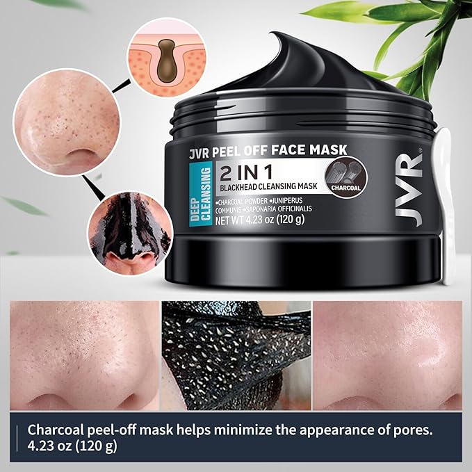JVR Peel Off Face Mask, Blackhead Mask for Men, Charcoal Peel Off Black Mask, Facial Mask Refreshing and Deep Cleansing for All Skin Types 4.23 OZ