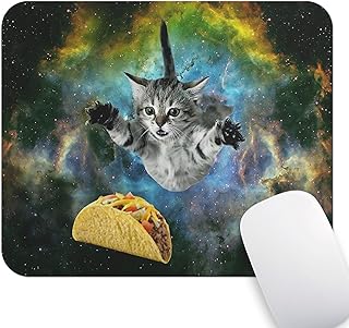 Cute Kitten Mouse Pad Funny Design, Curious Cat Flying Through Space Reaching for a Taco in Galaxy Hilarious Mat for Desk Decor