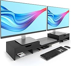Epesoware Dual Monitor Riser with Two Drawers for Desk, Bamboo Monitor Stand Riser with Storage, Desk Shelf for Computer, IMac & Laptop, No Assembly Required, Black