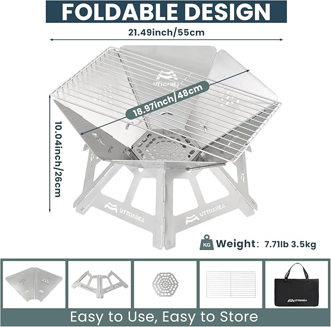 21" Portable Outdoor Fire Pit, 0.8mm Thick Stainless Steel Collapsible Wood Burning Pit with Charcoal Grill Net & Storage Bag for Patio, Backyard BBQ, Camping & Beach Bonfires