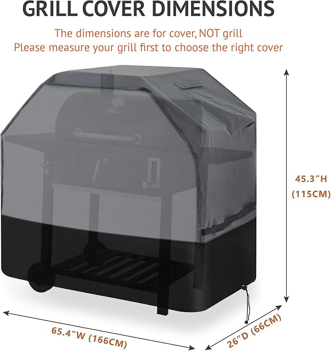 Heavy Duty Grill Cover 65 Inch, 600D Oxford Water Resistant UV & Fade Resistant BBQ Cover for Weber Char-Broil Dyna Glo Nexgrill Charcoal Gas Grill (65”W x 26”D x 45”H, Gray/Black)