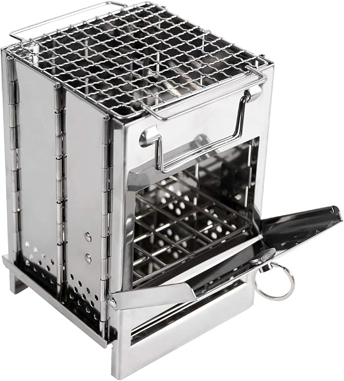 REDCAMP Wood Burning Folding Camp Stove Stainless Steel Grid, Portable Collapsible Backpacking Stove Survival Rocket Stove for Hiking Outdoor Tent Camping Picnic BBQ, Samll