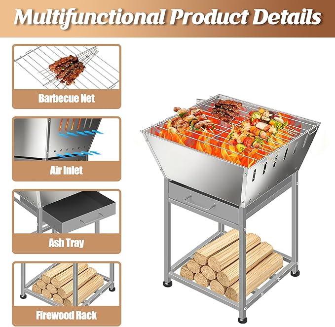 Stainless Steel Square Wood Fire Pit with Grill, 2-in-1 Outdoor Firepit with Ash Pan and Wood Storage, Portable for Backyard, Patio, Camping Use
