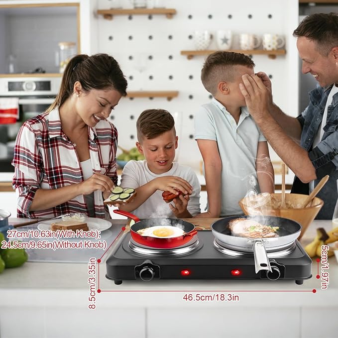 1800W Infrared Dual Burner Portable Electric Hot Plate | 7.5” & 6.3” Glass Cooktops with Stepless Temperature Control (302℉ to 1022℉) | Compact Heating Solution for Home, RV, Camping, and Dorms