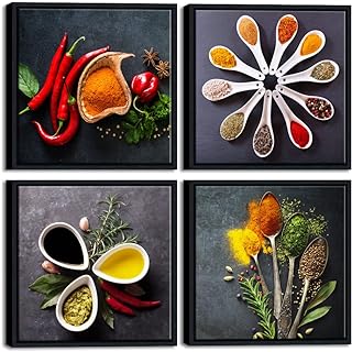 Pyradecor Black Framed Wall Art 4 Pieces Colorful Spices and Spoon Vintage Canvas Prints Still Life Paintings Pictures for Living Rome Home Kitchen Decorations