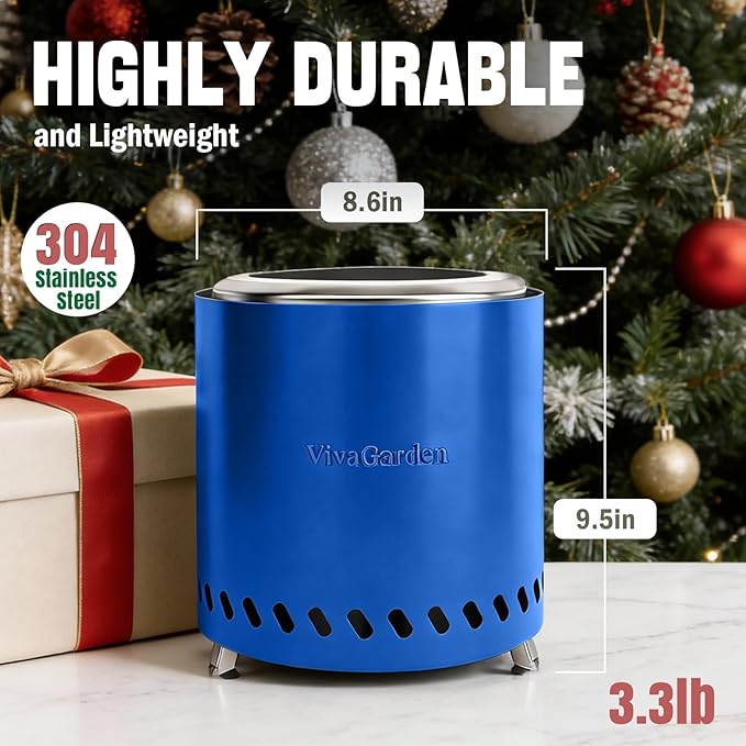 9.5 X 8.6 Inch Tabletop Fire Pit, VivaGarden Portable Firepit, Smokeless Table Top Firepit, Safe Burning Camping Stove, Fueled by Pellets or Wood, Forks, Mat & Travel Bag Included, Blue