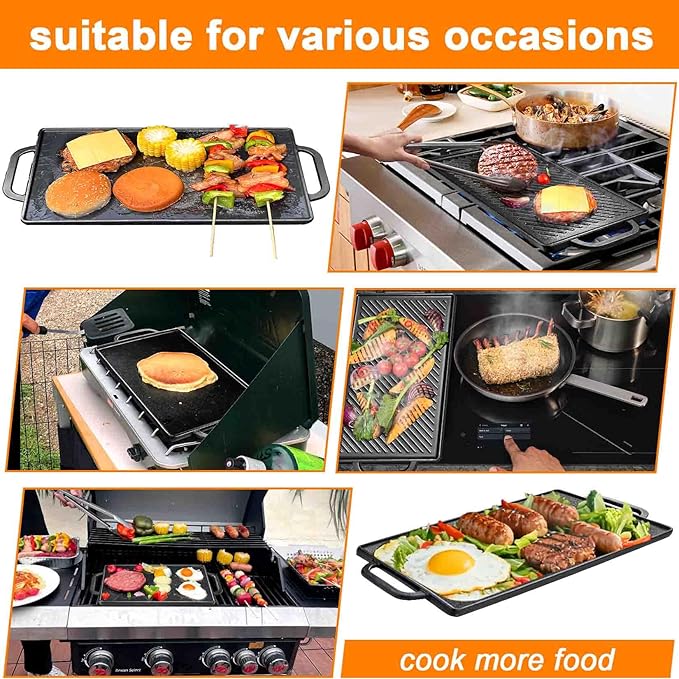 GasSaf 20x9 Heavy Cast Iron Griddle for Gas Grills, Griddle Pan for Stove Top, Reversible Double-Sided 2-in-1 Cast Iron Pan Plate for 2 Burners Stovetop, BBQ Grills & Outdoor Camping