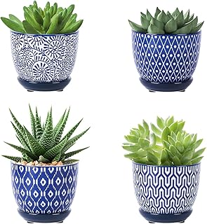 Selamica Ceramic Succulent Pots with Drainage Holes, Small Flower Pots 3.5 Inch Plant Pots for Indoor Plants with Saucers, Cactus Succulent, Home Decor, Set of 4, Vintage Blue