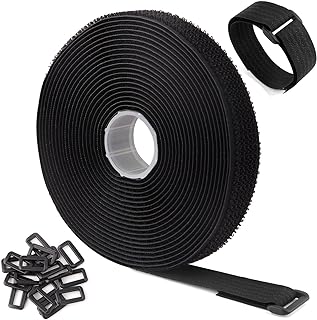 16Ft x 1In Adjustable Cable Straps with 25 Buckles, Free Cut Length, Black Reusable Fastening Cable Ties, Hook and Loop Securing Strap for Cable Tidy, Wire Management, Cord Organiser, Black