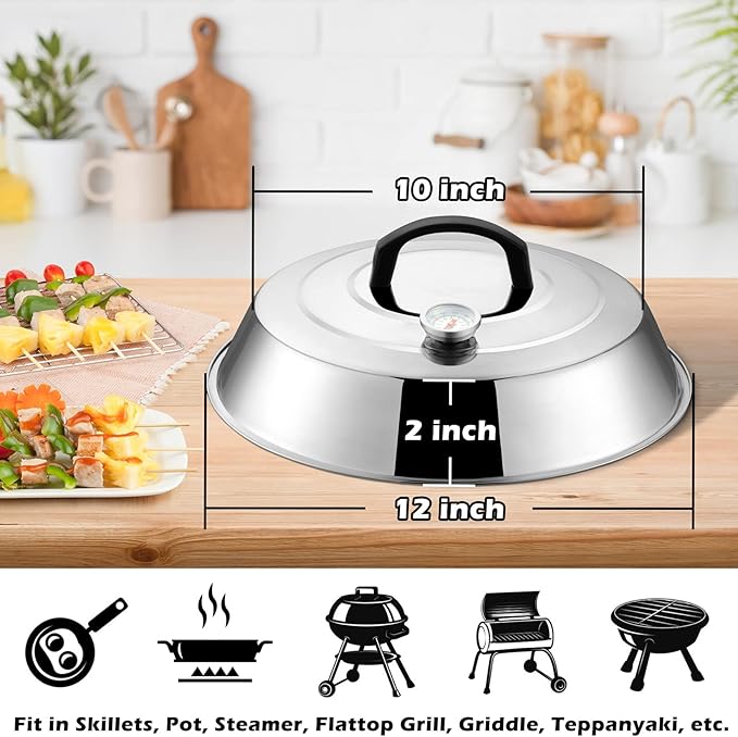 12 Inch Cheese Melting Dome Set of 2, Joyfair Basting Cover for Griddle Grilling Outdoor Camping/Flat Top Teppanyaki, Stainless Steel Lids with Heat-Proof Handle, Dishwasher Safe (with Thermometer)