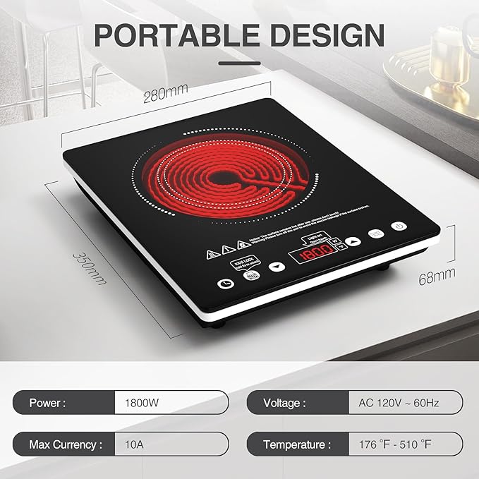 ANHANE 1800W Electric Cooktop, 110V Single Burner Stove with Overheat Protection and Adjustable Power Levels - Portable Ceramic Stove for Kitchen, Travel, RV