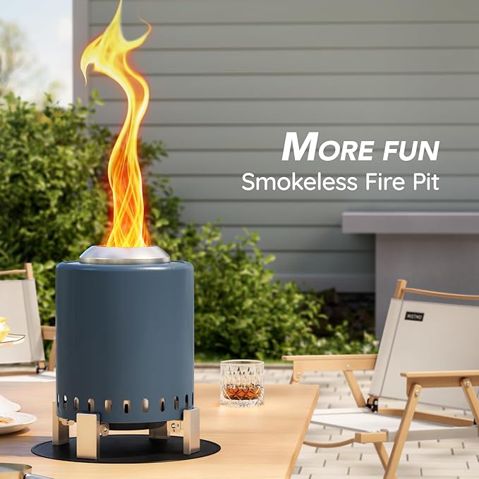 Mini Smokeless 7 Inch Tabletop Fire Pit with Pan Stand and Insulation Mat, Portable Stainless Steel Fire Pit for Camping, Patio Tabletop Firepit, Burns Wood or Pellets, Travel Bag Included, Blue