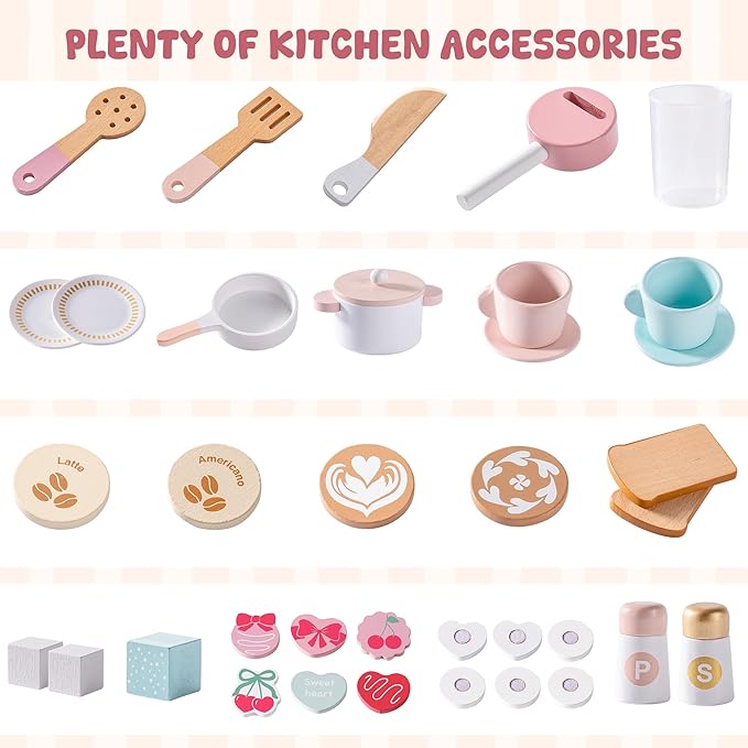 ROBOTIME Kids Play Kitchen, Modern Wooden Toy Kitchen with Ice Maker, Coffee Maker, Oven, Microwave, Toaster, Stove, Dishwasher & Sink, Ultimate Kids Kitchen Playset for Ages 3+