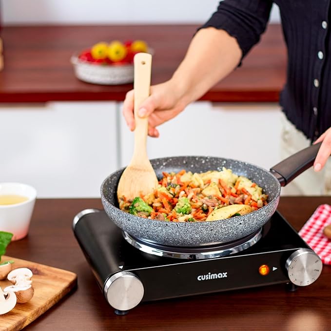 CUSIMAX Electric Burner Hot Plate for Cooking Cast Iron hot plates, Adjustable Temperature Control, Non-Slip Rubber Feet Stainless Steel Easy to Clean, Your Kitchen Assistant