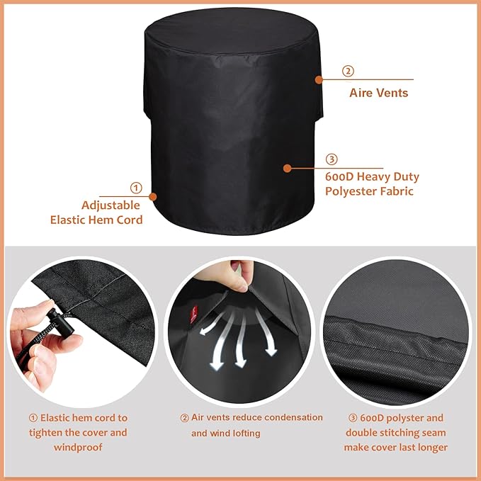 SheeChung Fire Pit Round Cover 24" D X 27" H,Heavy Duty 600D Waterproof & Weather Resistant Outdoor Cover,Fits 20-24 inch Column Propane Gas Firepit Bowl