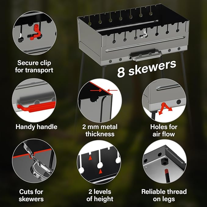Stainless Steel Charcoal Grill for 8 Skewers – Portable BBQ 16.93"×9.45"×16.93" – Foldable Kabob Mangal – Rustproof Shish Kebab Grill for Outdoor Cooking (Skewers Not Included)