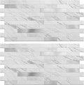 Peel and Stick Backsplash Tile Waterproof Removable PVC Wall Sticker 3D Faux Stone Marble Brick White Accent Panels (White Marble - Metal Silver, 40 Tiles - 18 sq. ft. (1.68 m²))