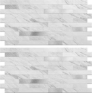 Peel and Stick Backsplash Tile Waterproof Removable PVC Wall Sticker 3D Faux Stone Marble Brick White Accent Panels (White Marble - Metal Silver, 40 Tiles - 18 sq. ft. (1.68 m²))