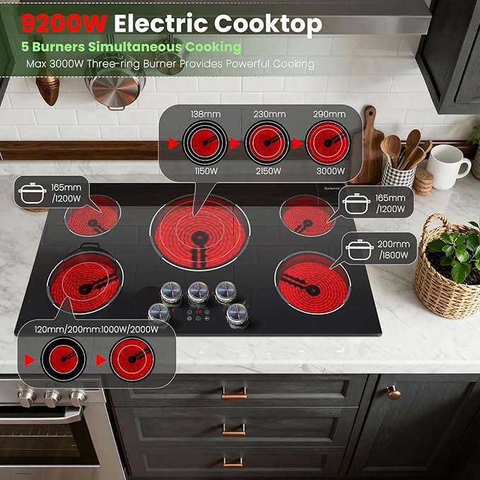 Electric Cooktop 36 Inch Karienvir, 5 Burner 9200W Electric Stove Top with Dual-Ring & Triple-Ring Burners, 220V-240V Hardwired Cooktop, 36" Cook top With Knob Control 9 Level Power, Timer, Lock