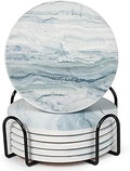 Acejoz Drink Coasters with Holder for Coffee Table, Absorbent Coasters Set of 6, Marble Style Ceramic Coaster for Wooden Table, Suitable for Kinds of Cups, Home Decor, 4 Inches(Blue)