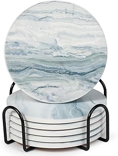 Acejoz Drink Coasters with Holder for Coffee Table, Absorbent Coasters Set of 6, Marble Style Ceramic Coaster for Wooden Table, Suitable for Kinds of Cups, Home Decor, 4 Inches(Blue)