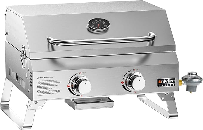 ONLYFIRE GRILLS Tabletop Gas Grill 2 Burners, 20" Portable Propane Grill with Foldable Legs for Outdoor Patio Backyard Camping Tailgating RV Trip Beach, Stainless Steel Gas Stove 16000BTU, GS322