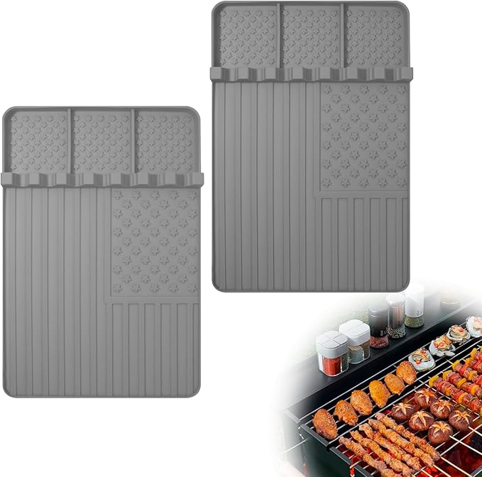 2 PCS Silicone Grill Mat Compatible with Blackstone, BBQ Griddle Tools Mat with Drip Pad, Spatula for Outdoor Kitchen Counter, Gifts for Men (Grey-2)