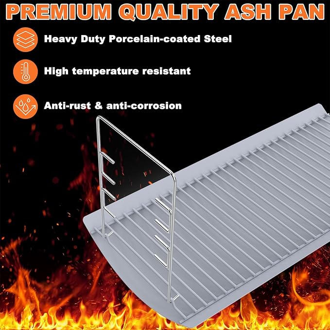 27 Inch Ash Pan Replacement for Chargriller 1224, 1324, 2121, 2222, 2727, 2828, 2929, Charbroil 17302056 Charcoal Grills, Charcoal Tray Grates with 2pcs Fire Grate Hangers for Chargriller Parts