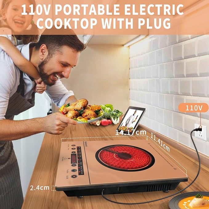 Single Burner Electric Cooktop, Portable Electrics Stove 110v with plug, Touch Stove Electric with Safety Lock, Timer, Kitchen Cooking Cooktop With 9 Power Levels, 1800W(orange)