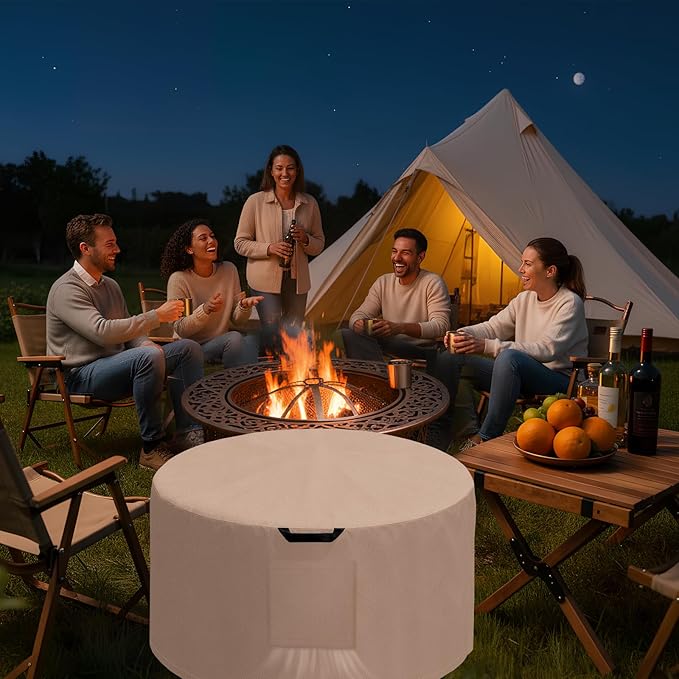 Kovshuiwe Round Fire Pit Cover-600D Fabric Waterproof and Resistant Material, Fits Outdoor For 34-36 Inch Fire Pit /Table Cover, Patio Fire Bowl Cover-36"DIA x 20"H, Khaki