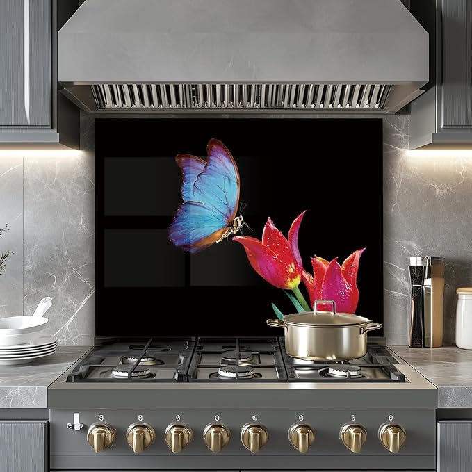 LMSDYSHU Tempered Glass Backsplash for Kitchen, Blue butterfly, Frameless, Stove Backsplash Protector for Wall,Easy to Clean, Home Decor (30"x24")