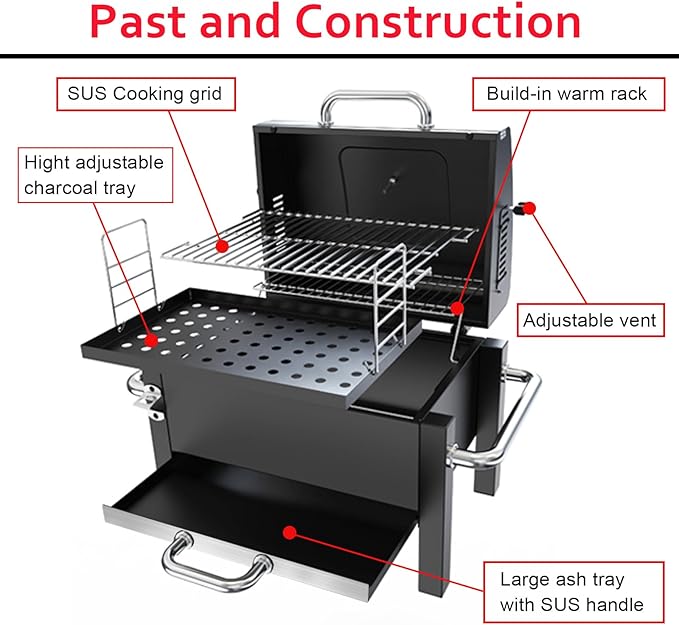 BBQCuker Portable Charcoal Grill with Warming Rack, Tabletop Charcoal Grill, Small BBQ Grill with Thermometer(100-800°F), Outdoor Charcoal Smoker for Camping, Picnic, Hiking, Beach and Travel