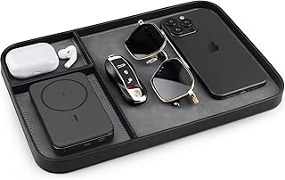 SENEN Leather Tray, Stylish and Organized Multifunctional Tray, for Table Entryway, Premium PU Leather, Catchall Tray for Keys, Watch, Wallet, Jewelry, and More (Black Frame)