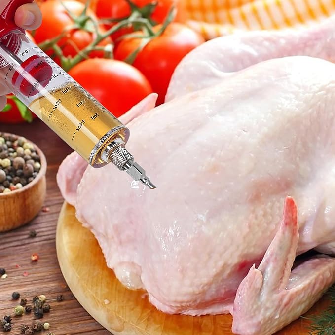 Turkey Injector Syringe - 3 Marinade Injector Needles, Meat Injector Syringe 1OZ, Portable Meat Injector Kit with Black BBQ Brush & Cleaning Brush for Smoked BBQ Grill, Food Syringe with 5-Hole Needle