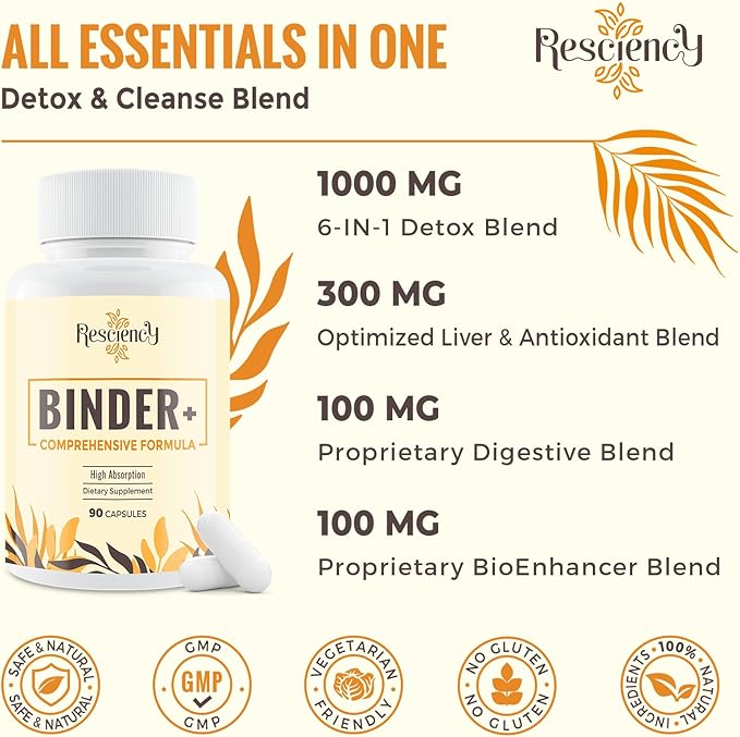 Resciency Detox Binder Supplement - Activated Charcoal, Zeolite, Bentonite Clay, Milk Thistle, Proprietary Blends - Liver & Gut, Max Absorption, 180 Vegan Capsules