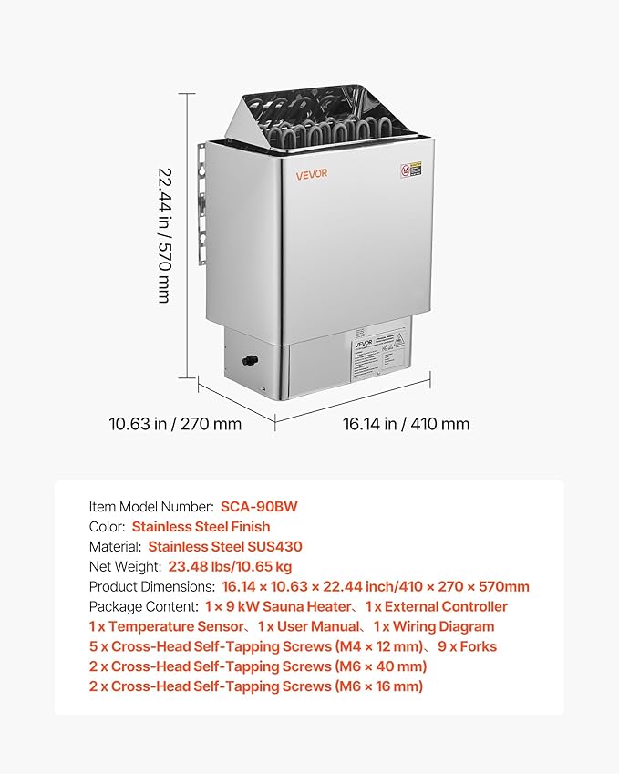 VEVOR Sauna Heater, 9KW 240V Electric Sauna Stove, Dry Steam Bath Saunas Stove with Pre-Drilled Bracket, Fit 317.8 to 459 CU.FT Saunas Rooms, Steam Bath Stoves for Home, Commercial, Leisure Venues
