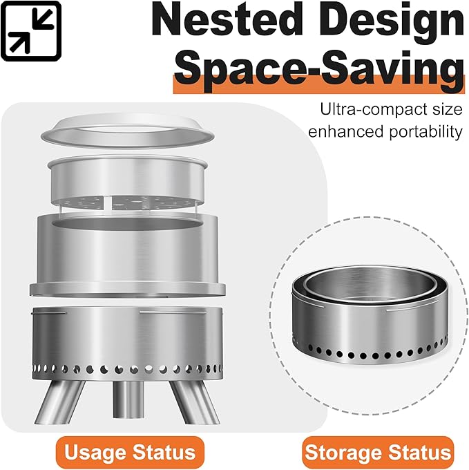 Smokeless Fire Pit with Waterproof Bag, 15 Inch Stainless Steel Fire Pits for Outside Wood Burning, Smokeless Firepit Outdoor Bonfire, Removable Ash Pan, Portable for Camping, Backyard