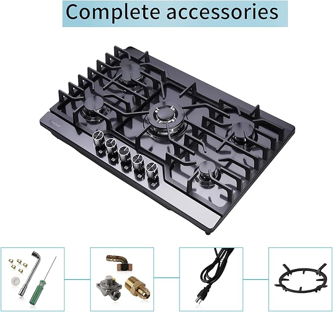 30 Inch Gas Cooktop, 5 Burners Built-in Stove Top Stainless Steel (Thermocouple Protection), LPG/NG Convertible Stove Dual Fuel Sealed Gas Hob - Black
