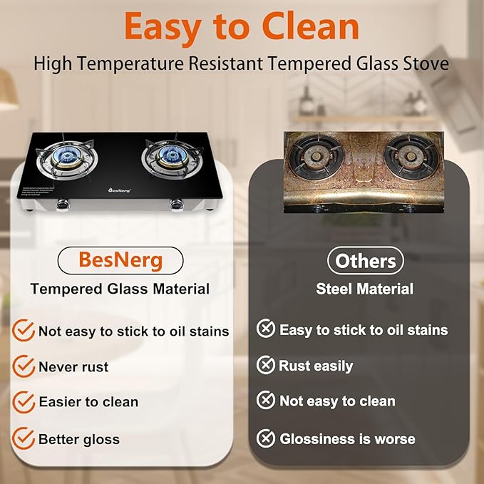 2 Burner Propane Gas Stove, 29,000 BTU High-Efficiency Auto Ignition Heavy-Duty Tempered Glass Cooktop, Includes CSA Regulator & Hose, for Outdoor Camping & Emergencies