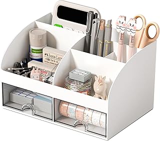 COMFYROOM Desk Organizer with 6 Compartments and 2 Drawers, Plastic Makeup Organizer, Pen Holder for Desktop Storage, Desk Organization for School, Home, Office Supplies (White)