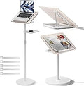 2 in 1 Adjustable Book Stand - Dual-Use Floor and Desktop Book Holder Stand, Height Adjustable 23.5-52 in, Elastic Page Clips for Music Sheet, Recipe, Tablet, Laptop-White