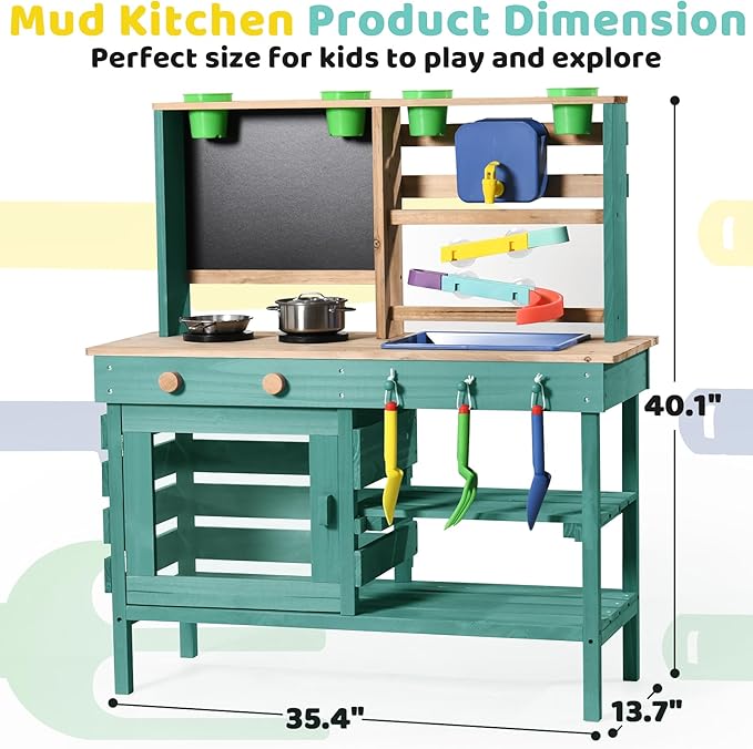 Wooden Outdoor Mud Kitchen for Kids, Pretend Play Kitchen Playset with Removable Sink, Faucet, Stove Top, Planting Area & Cooking Accessories, Toddler Gift for Boys Girls Ages 3+ (Green)