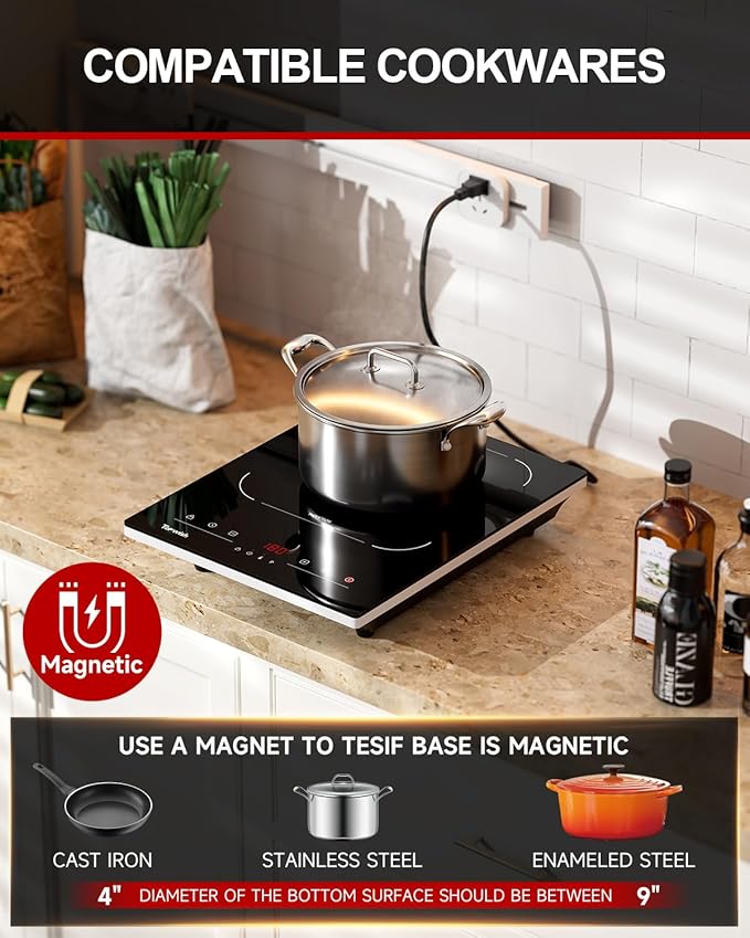 TOPWISH Portable Induction Cooktop, Hot Plate Countertop Burner with 10 Temp Levels, Timer, Auto-Shut-Off, Touch Panel, LED Display, Auto Pot Detection, Child Safety Lock