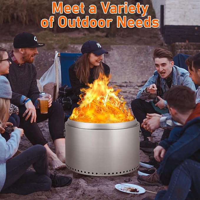 GarveeLife 20.5 in Portable Smokeless Fire Pit with Stand, Handles Design, Stainless Steel Stove Wood Burning, Removable Ash Pan, for Camping, Garden, Backyard