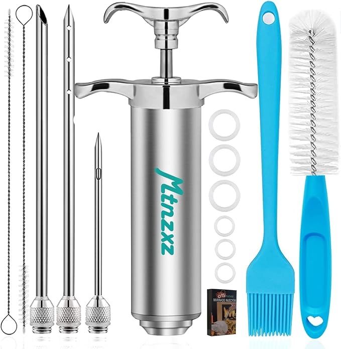 Marinade Injector Syringe Kit & Brush Set, Stainless Steel Meat Injector with 3 Professional Needles, 2-oz Large Capacity, Creates Tender Meat & Poultry Flavor, for BBQ Grill Smoker & Turkey & Brisket