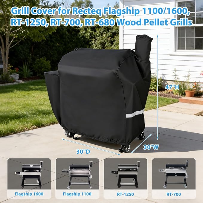 Utheer Grill Cover for recteq Flagship 1100/1600, RT-1250, RT-700 and RT-680 Wood Pellet Grills - Heavy Duty 600D Waterproof Fabric Grill Cover with Elastic Drawstrings, Black