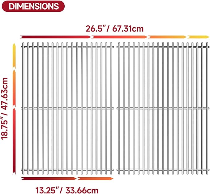 18.75''D x 26.5''W Grill Grates Replacement for Weber Genesis II 300 Series，Silver Stainless Steel Grill Grate for Weber Parts #66095,2Pack Grill Grates for KitchenAid Models 720-0954/A
