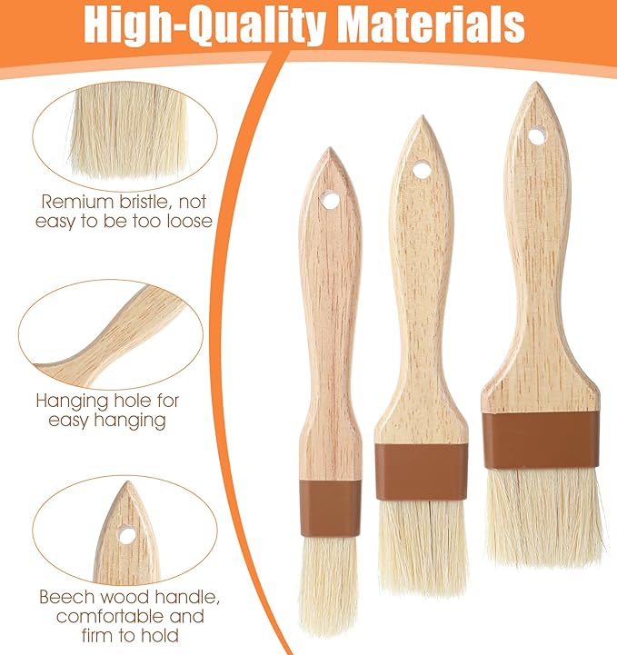 Pastry Brush Natural Bristle, 3Pcs Natural Bristle Basting Brush, Food Brushes Kitchen Baking Grilling Tools for Cooking and Baking for Marinade Butter Easy Clean